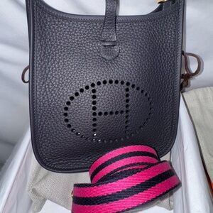 Black Leather Shoulder Bag with Pink Strap BNIB Hermes
